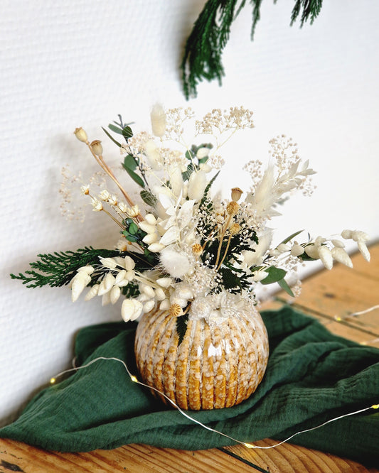 Vase en céramique avec ses fleurs -  Blanc & vert